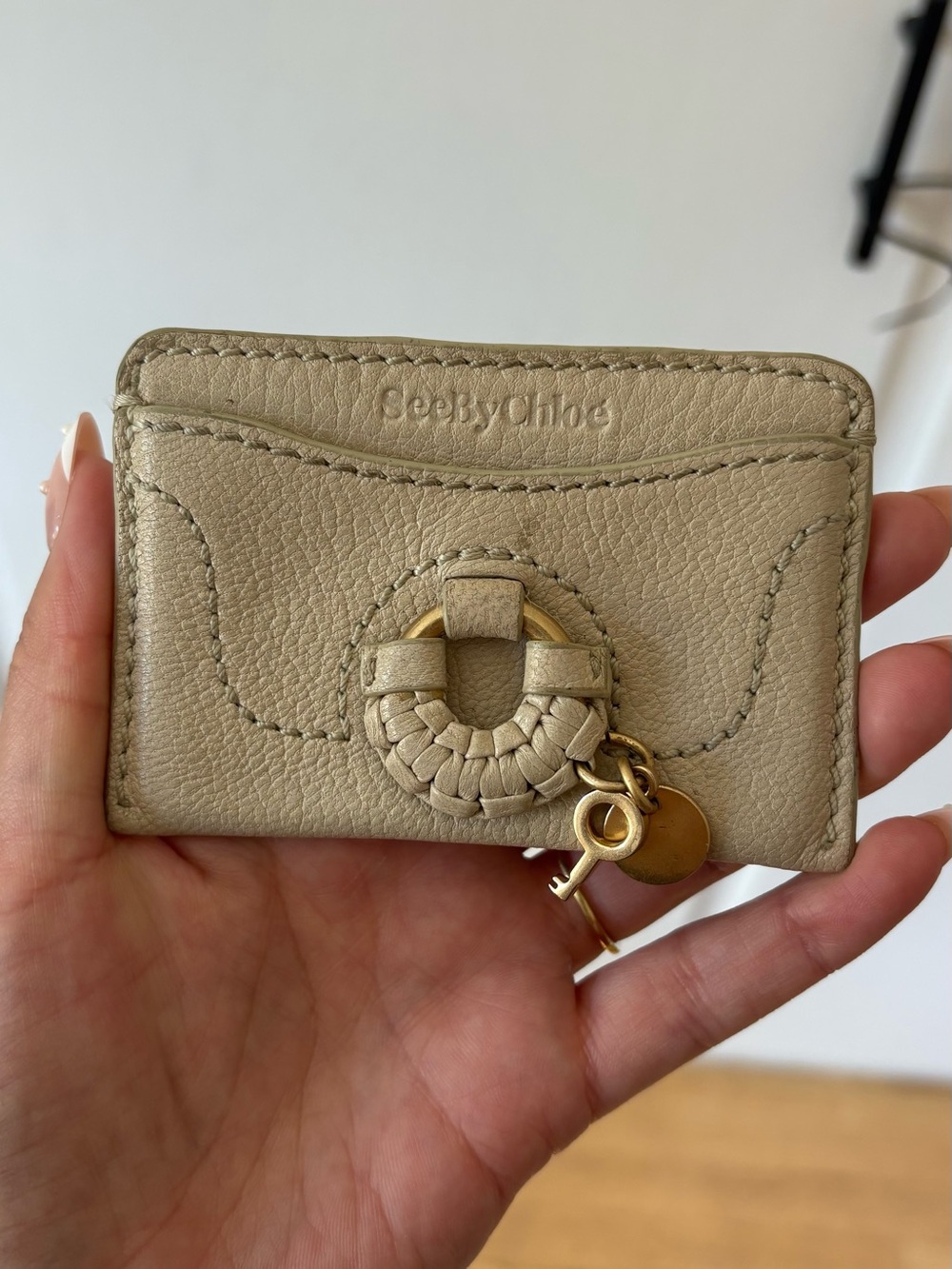 See By Chloe Taupe Leather Card Holder with Braided Ring and Gold Charms